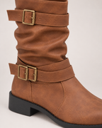 Women's Biker Boots – Double Buckle Detail in Brown, styled on-foot view