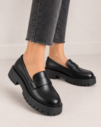 Women's Black Loafers – Chunky Platform Sole in UK 3, styled on-foot view