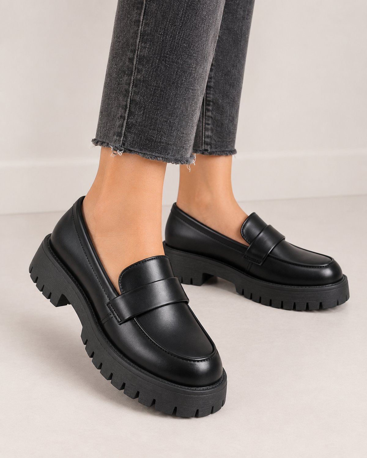 Women's Black Loafers – Chunky Platform Sole in UK 3, styled on-foot view