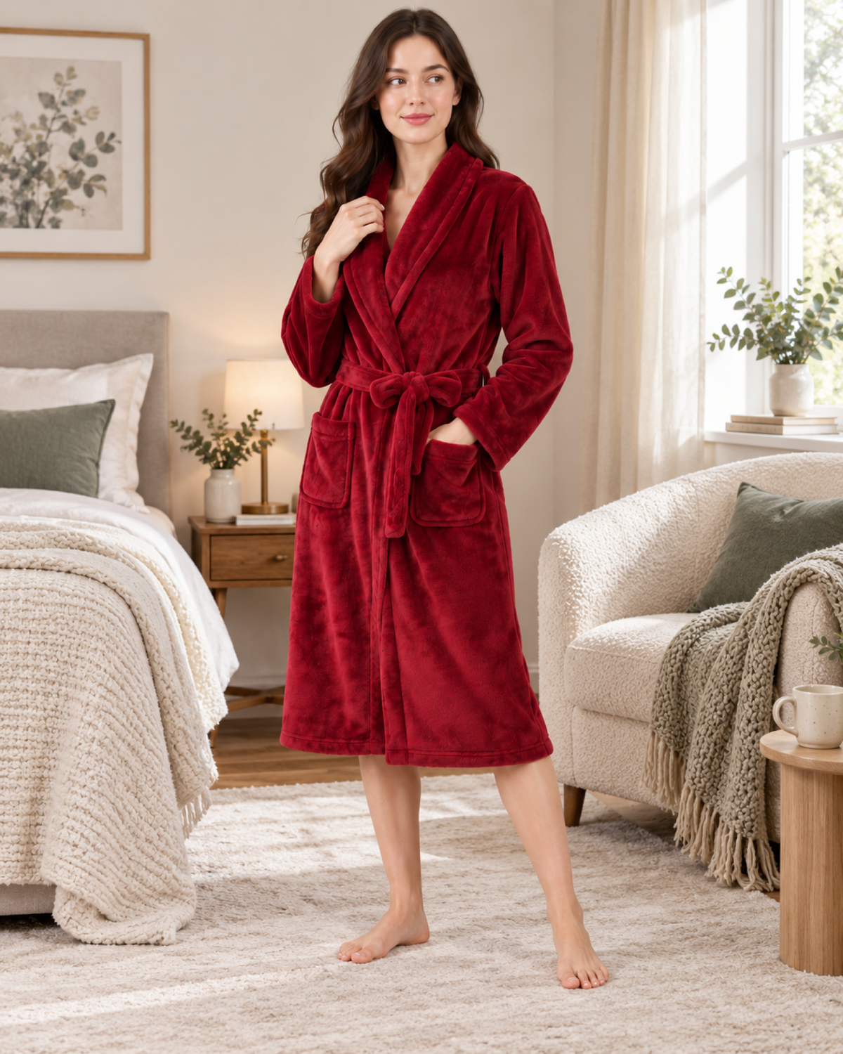 Women's Long Fleece Dressing Gown – Belted Robe, only lifestyle image, showing the complete robe in a believable cosy interior