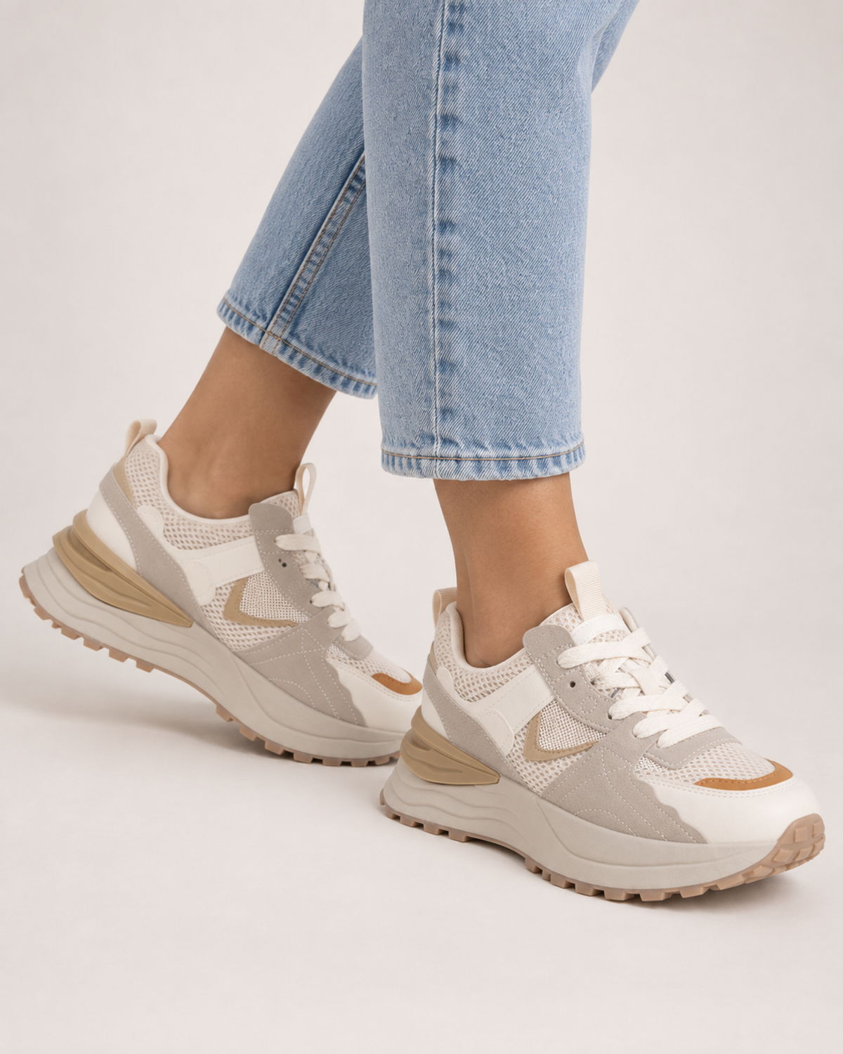 Women's Trainers – Layered Platform Sole in Beige, styled on-foot view