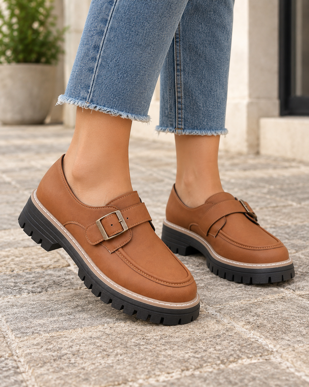 Women's Loafers – Chunky Sole and Buckle in Brown, styled on-foot view