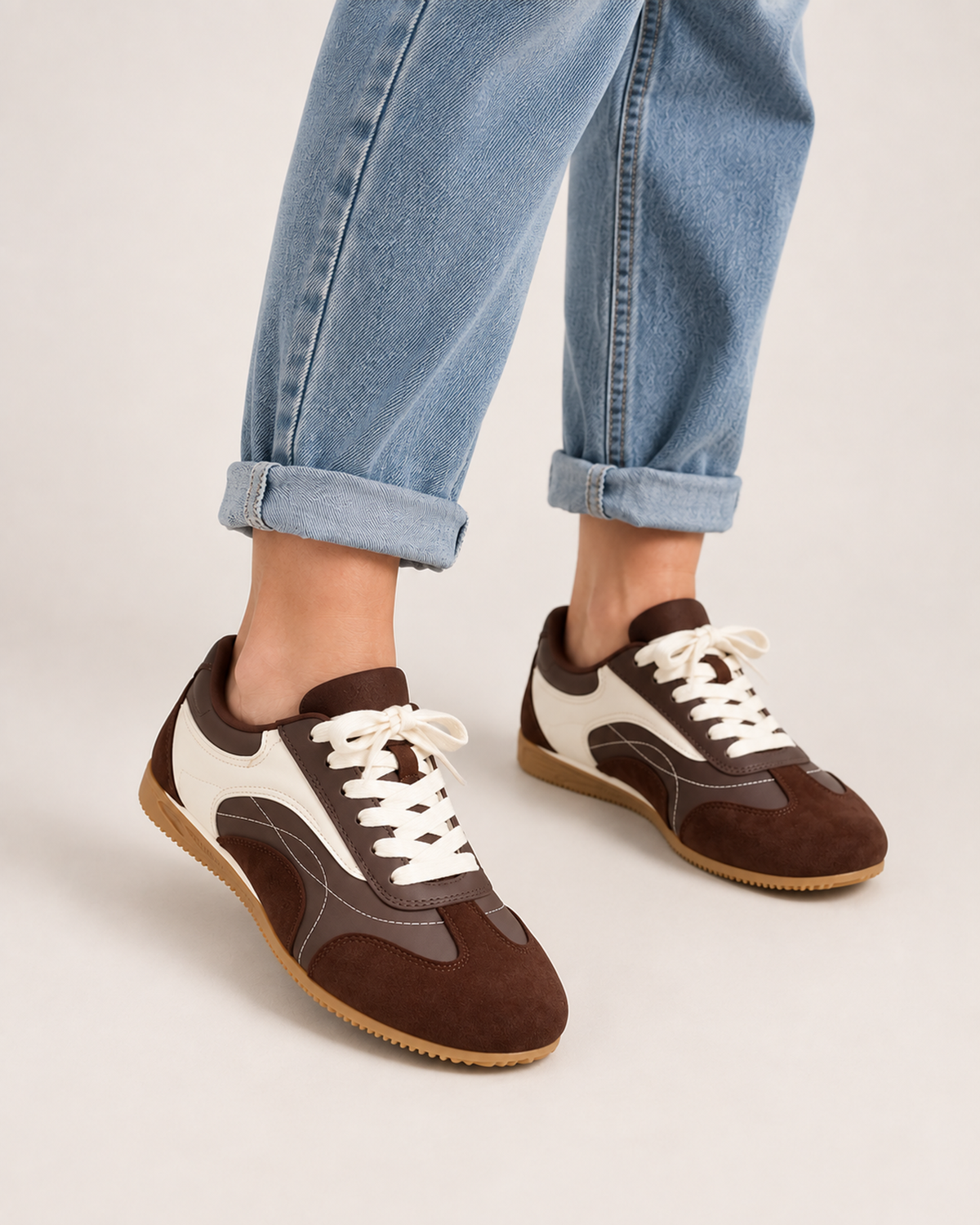Women's Trainers – Retro Contrast Panels in Brown, styled on-foot view
