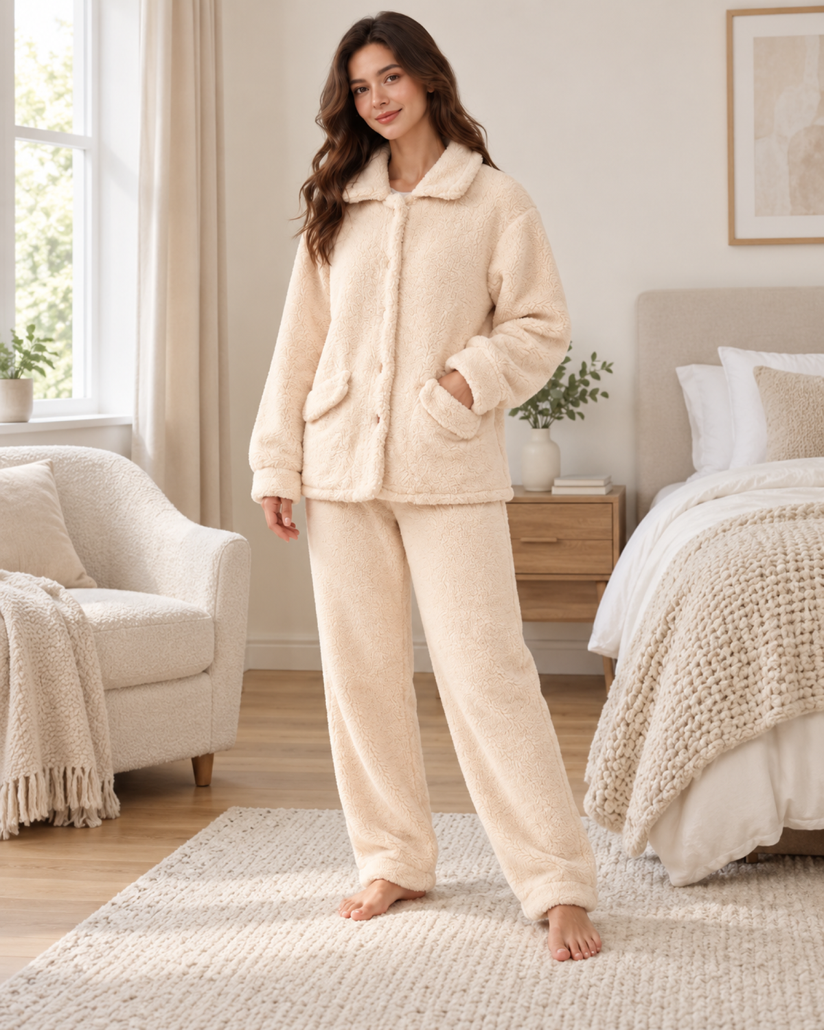 Women's Fleece Pyjama Set – Button-Front Loungewear, only lifestyle image, showing the complete set in a believable cosy interior