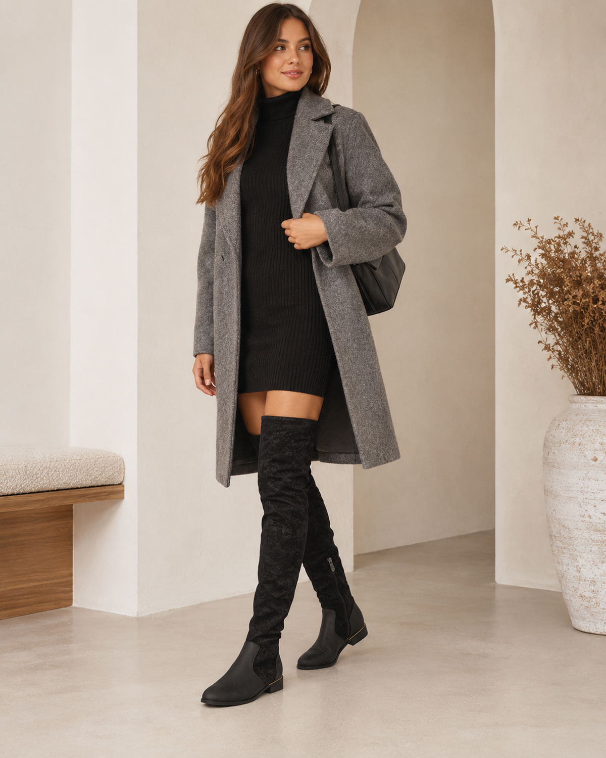 Women's Over the Knee Boots – Low Block Heel in Black, styled on-foot view