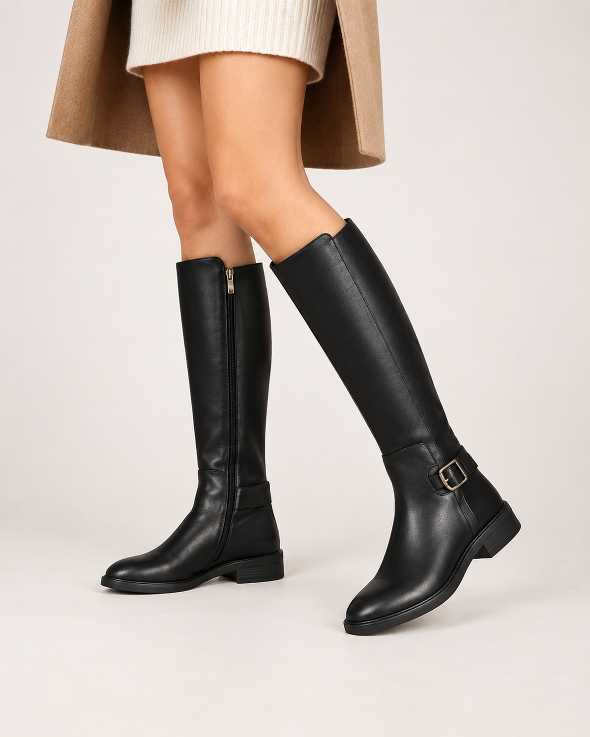 Women's Black Knee High Boots – Buckle Detail in UK 2, styled on-foot view