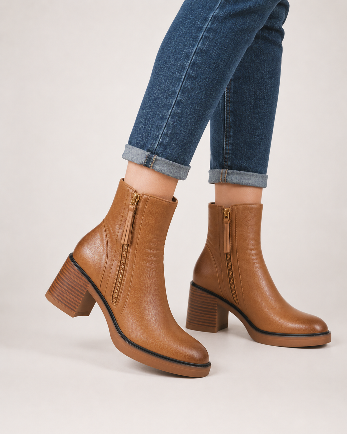 Women's Ankle Boots – Chunky Block Heel in Brown, styled on-foot view