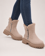 Women's Snow Boots – Plush-Lined Ankle Style in Khaki, styled on-foot view