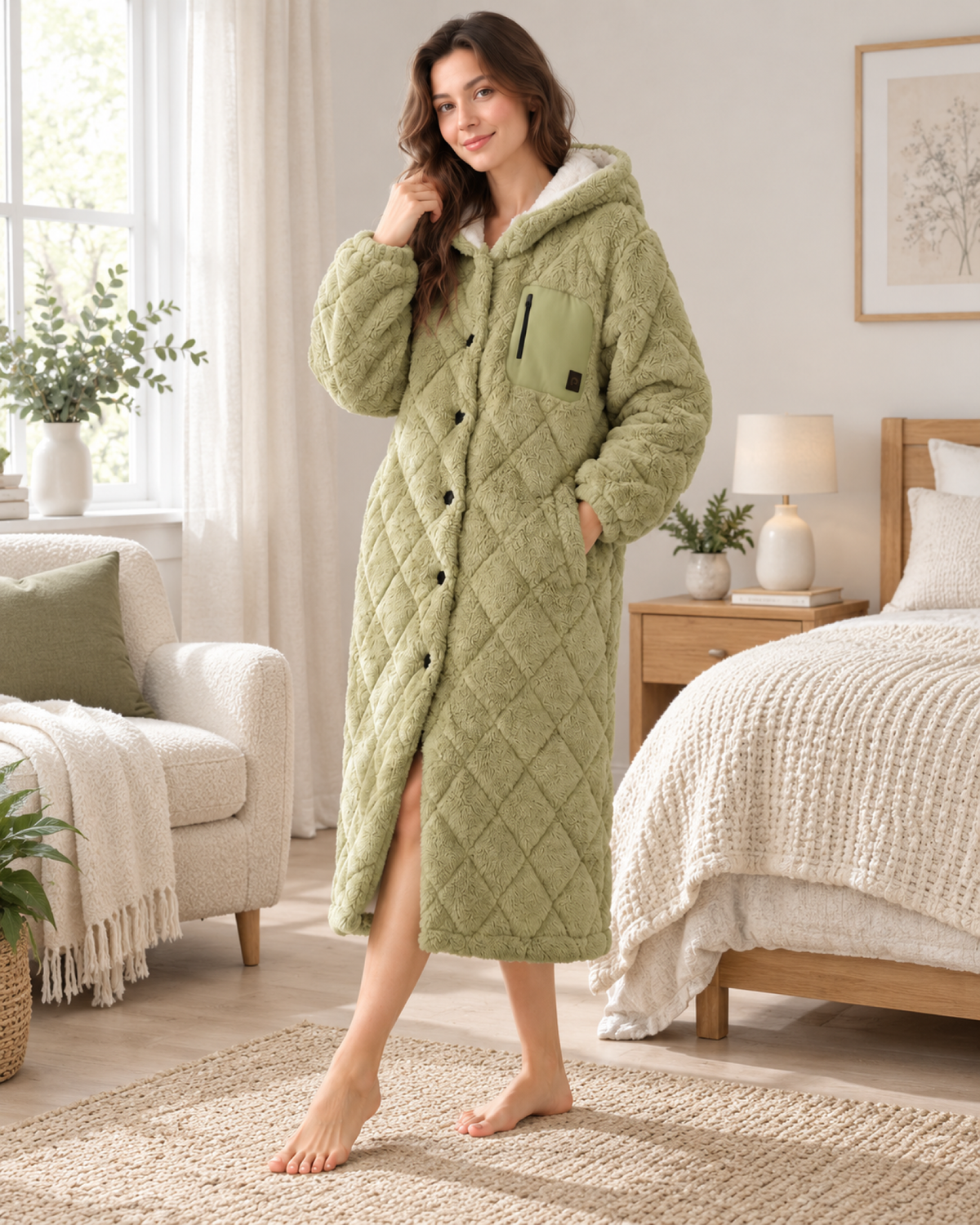 Women's Quilted Fleece Dressing Gown – Hooded Long Style, only lifestyle image, showing the complete gown in a believable cosy interior