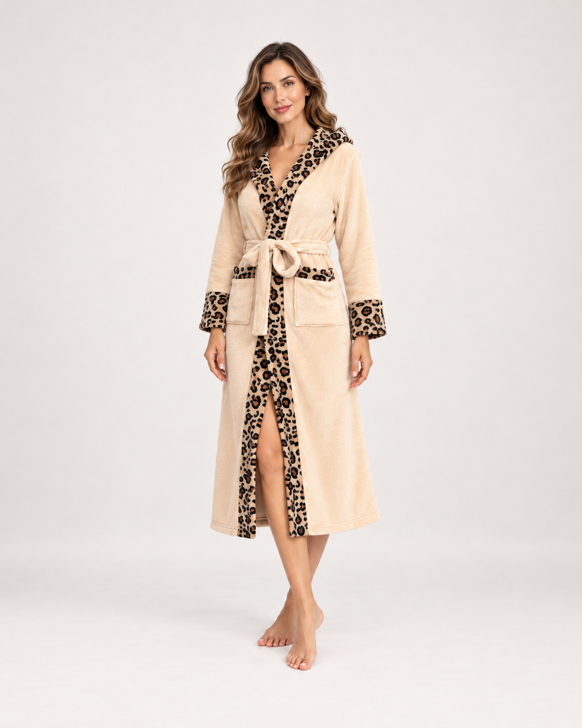 Women's Dressing Gown - Leopard-Trim Hooded Style, wide full-length studio view