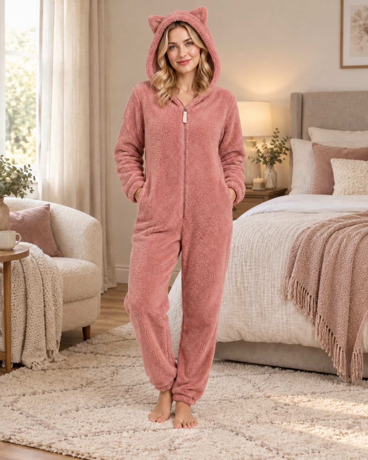 Women's pink cat-ear fleece onesie, bright bedroom lifestyle view