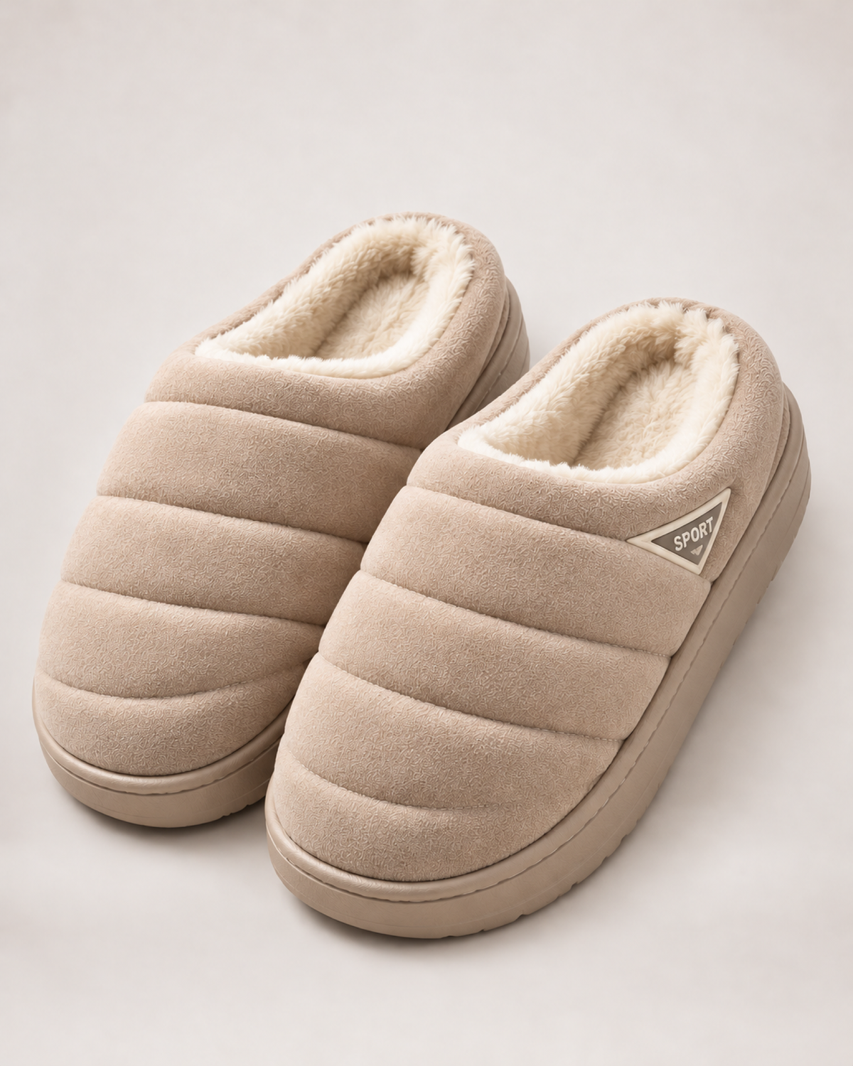 Men's beige quilted plush slippers, front three-quarter studio view