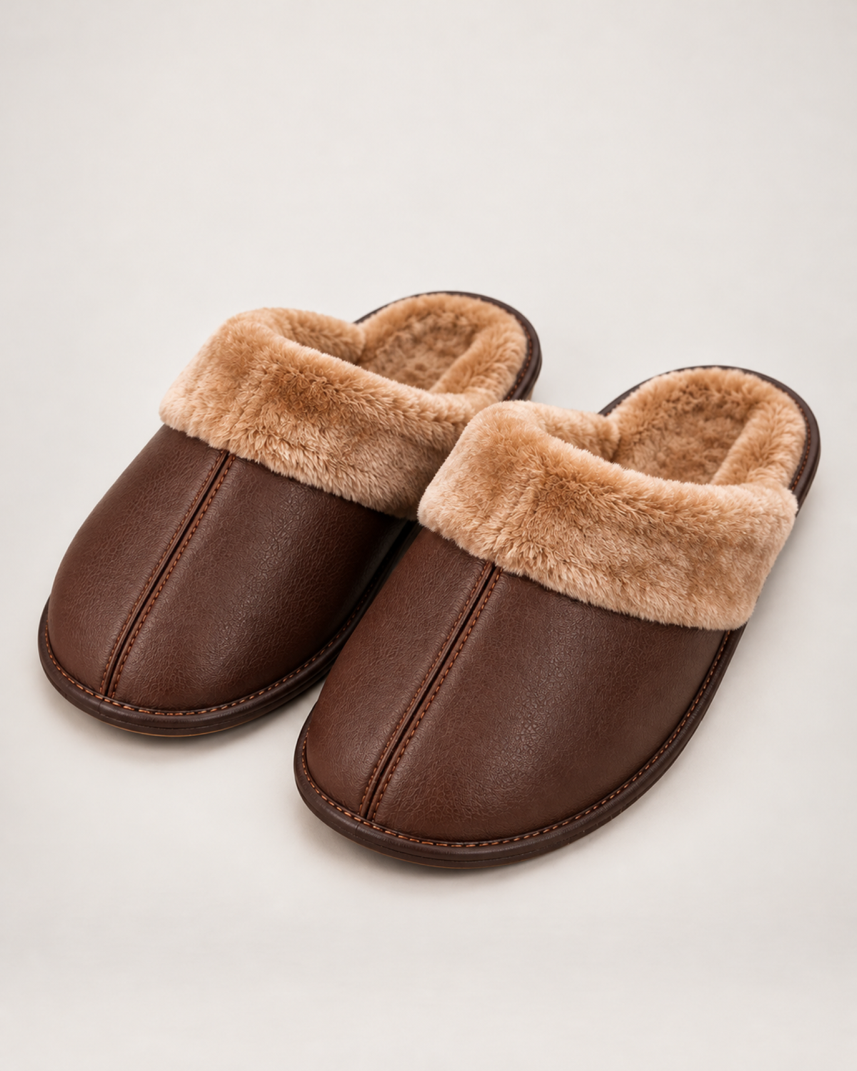 Men's brown stitched warm-lined slippers, front three-quarter studio view