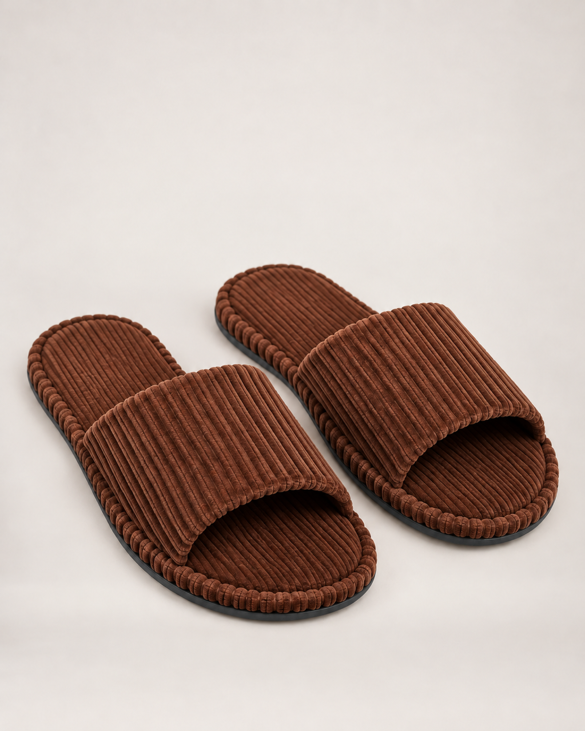 Men's brown corduroy open-toe slippers, front three-quarter studio view
