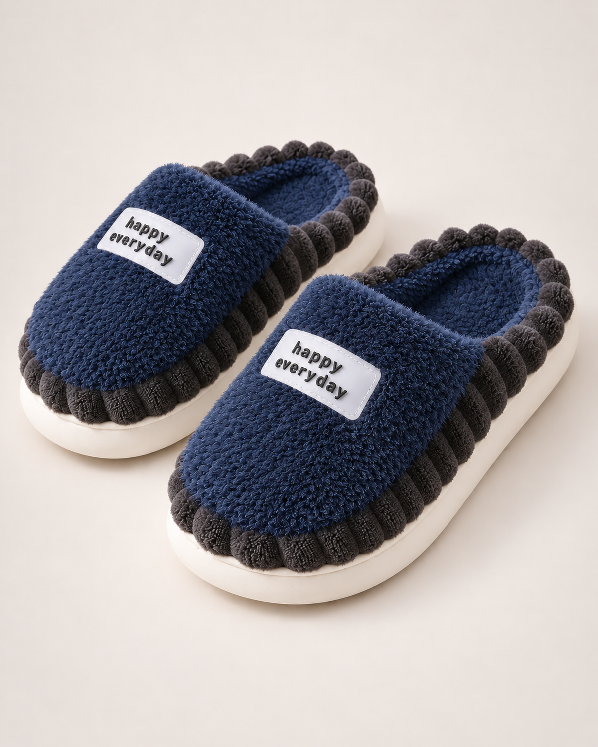 Men's Slippers - Ribbed-Trim Plush Style, blocking google shopping variant image for navy