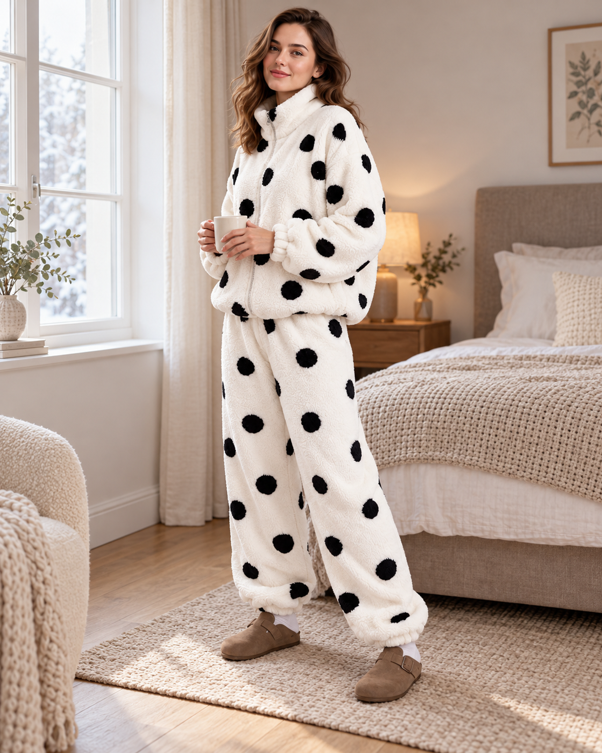 Women's white polka-dot fleece pyjama set, bright bedroom lifestyle view
