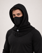 Thermal Fleece Balaclava Hood in Black, styled waist-up view