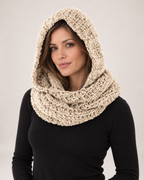 Women's Chunky Knit Hooded Scarf in Beige, styled waist-up view