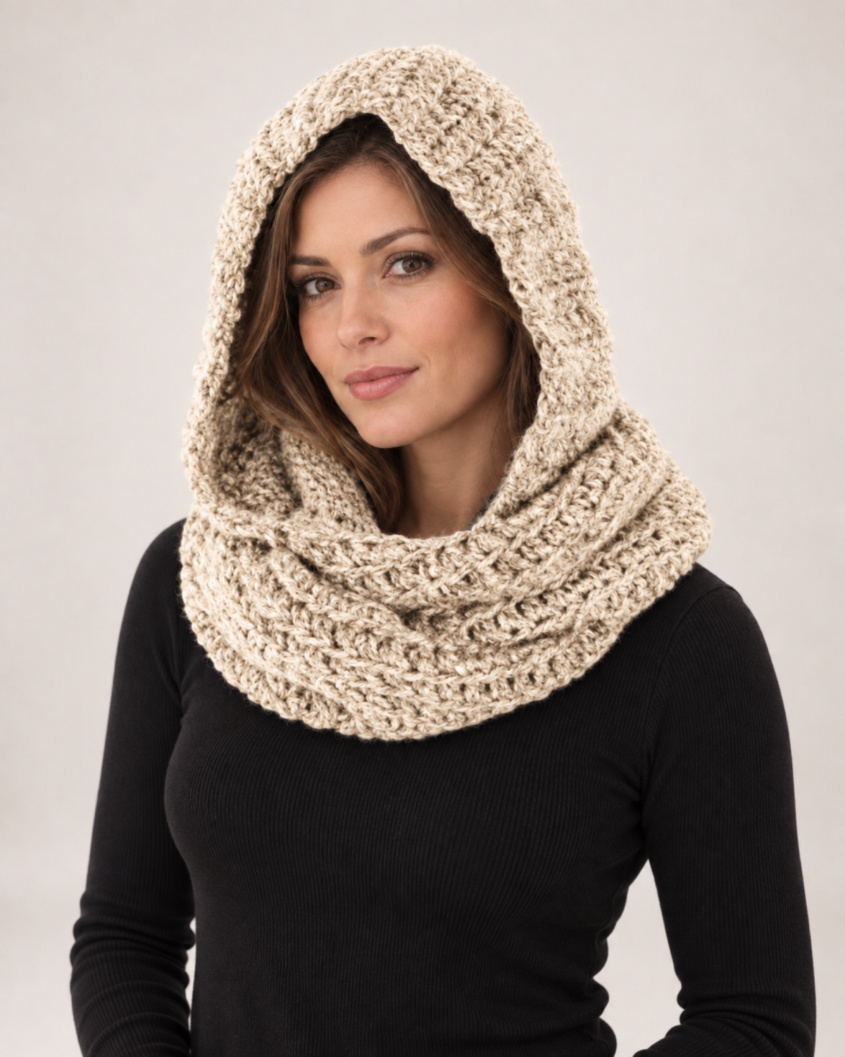 Women's Chunky Knit Hooded Scarf in Beige, styled waist-up view