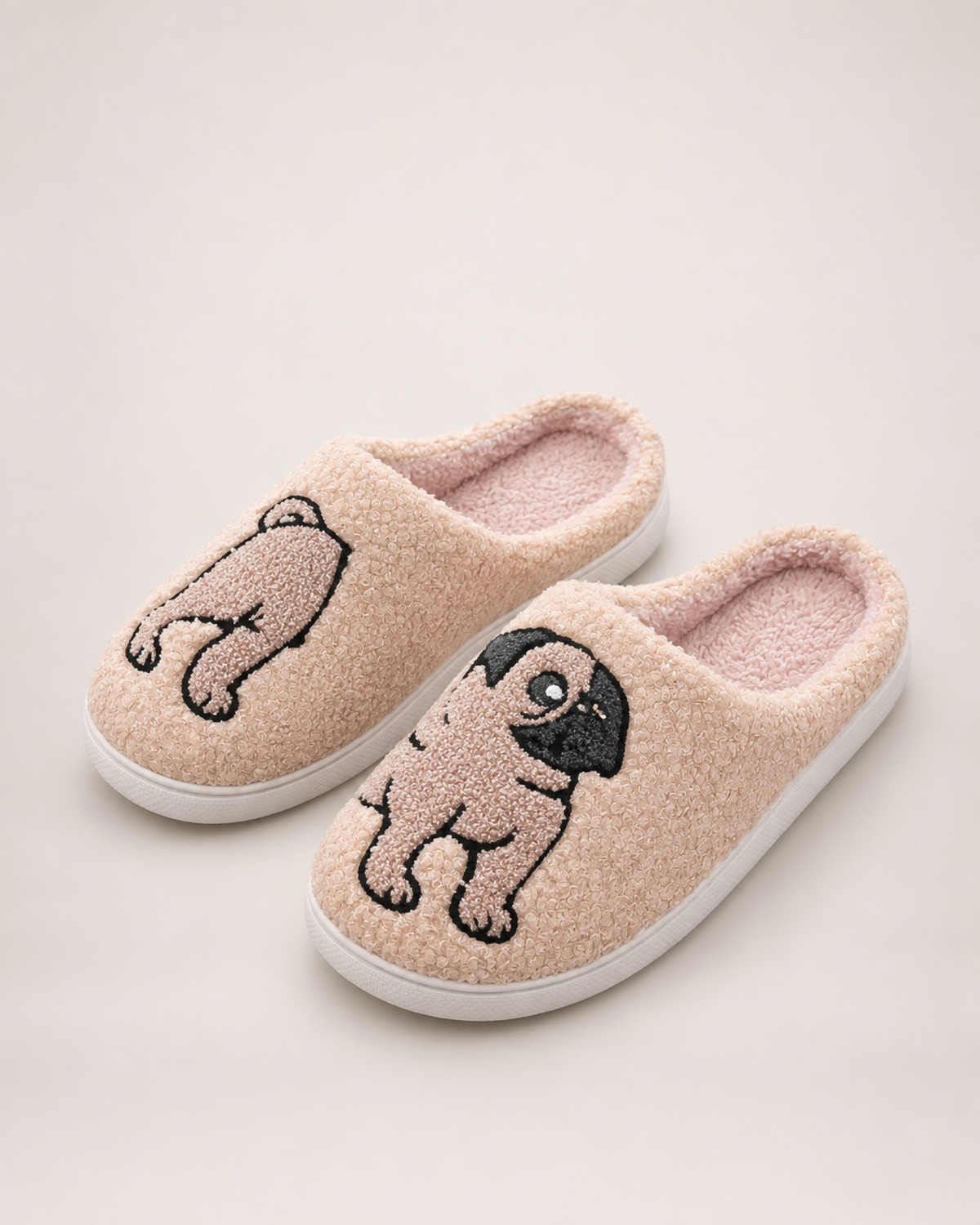 Embroidered Animal Slippers in Pug