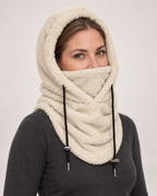 Plush Drawstring Balaclava Hood in Cream, styled waist-up view