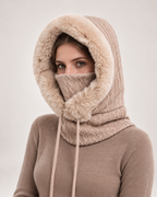 Women's Faux Fur Trim Hooded Scarf in Beige, styled waist-up view