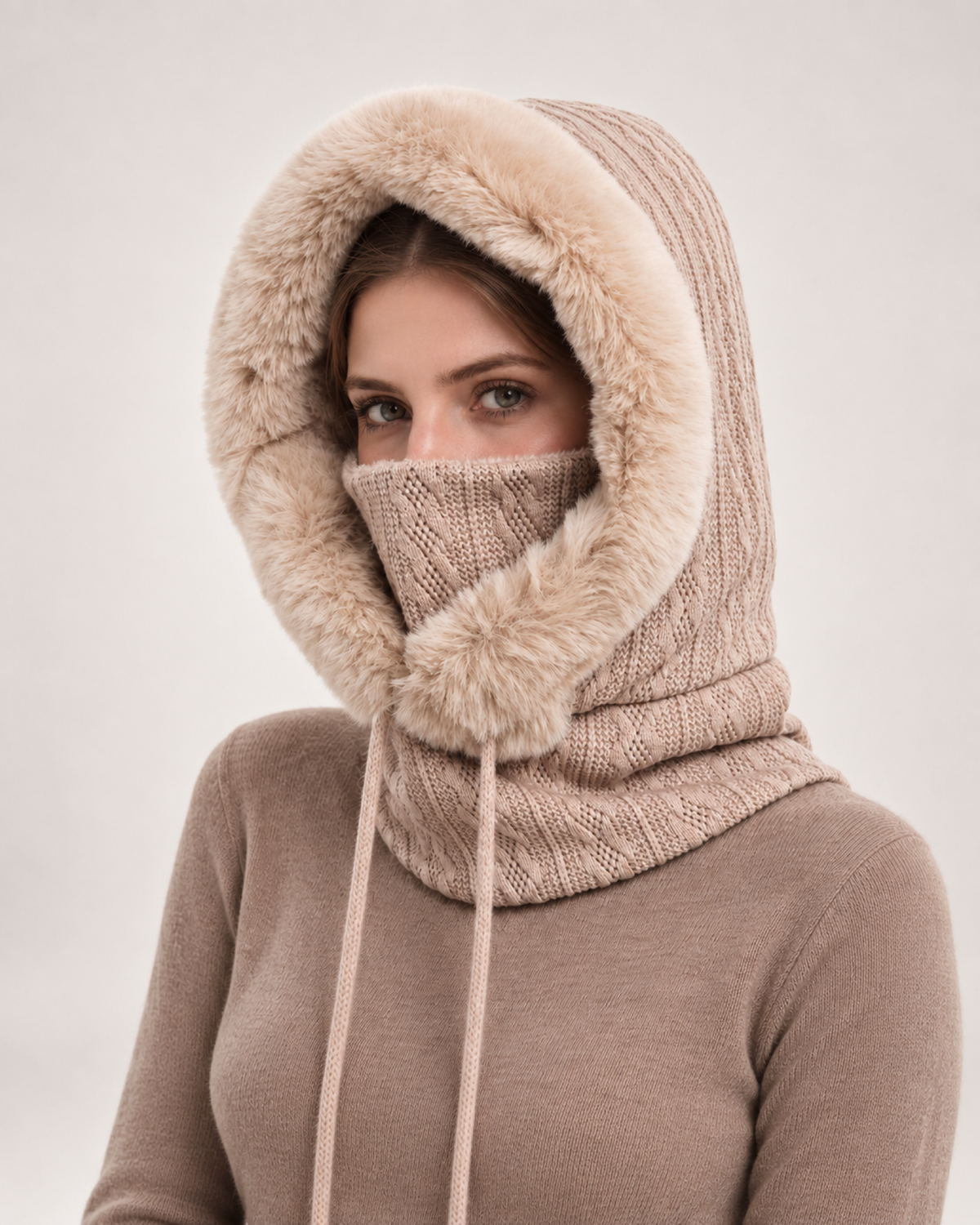 Women's Faux Fur Trim Hooded Scarf in Beige, styled waist-up view