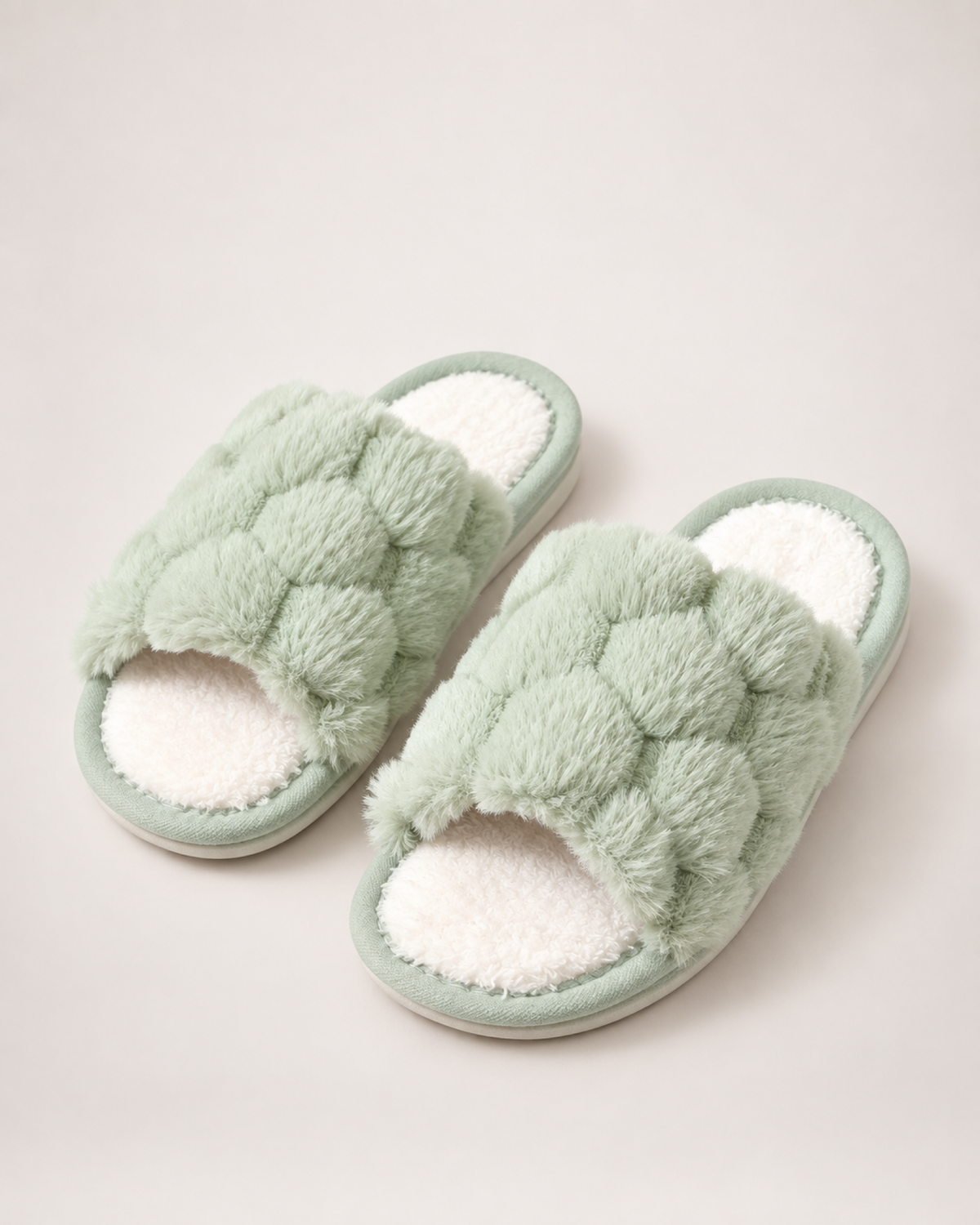 Fluffy Open Toe Slippers in Sage Green