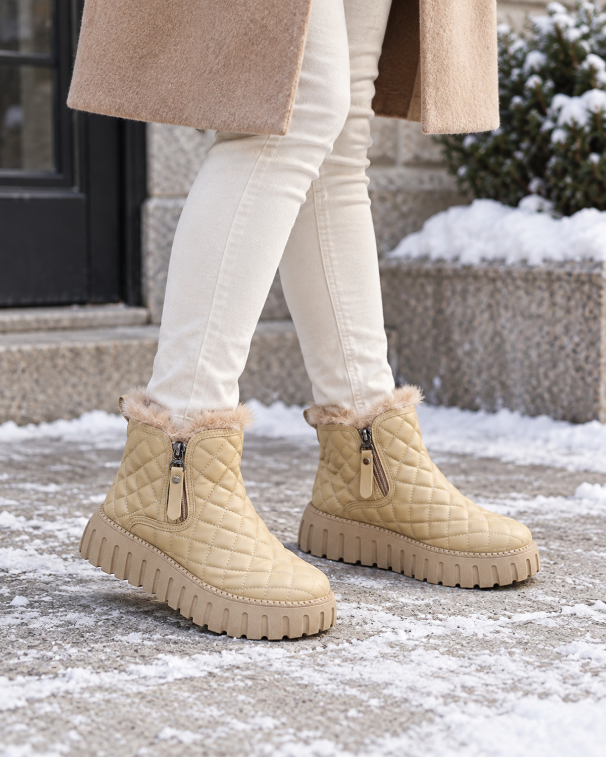 Women's Snow Boots: Quilted Platform Style in Khaki, wide context