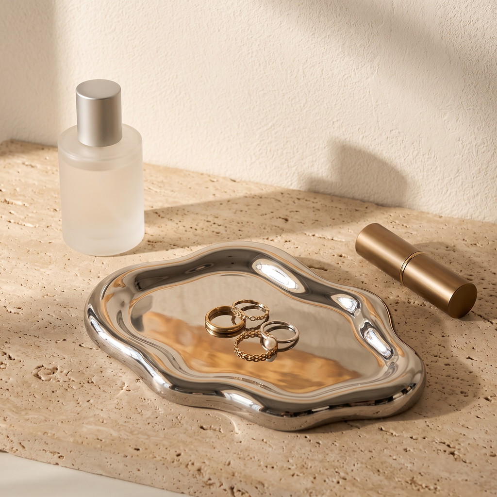 Mira Cloud Jewellery Tray in Silver Mirror — Communicate compact scale with familiar vanity objects.