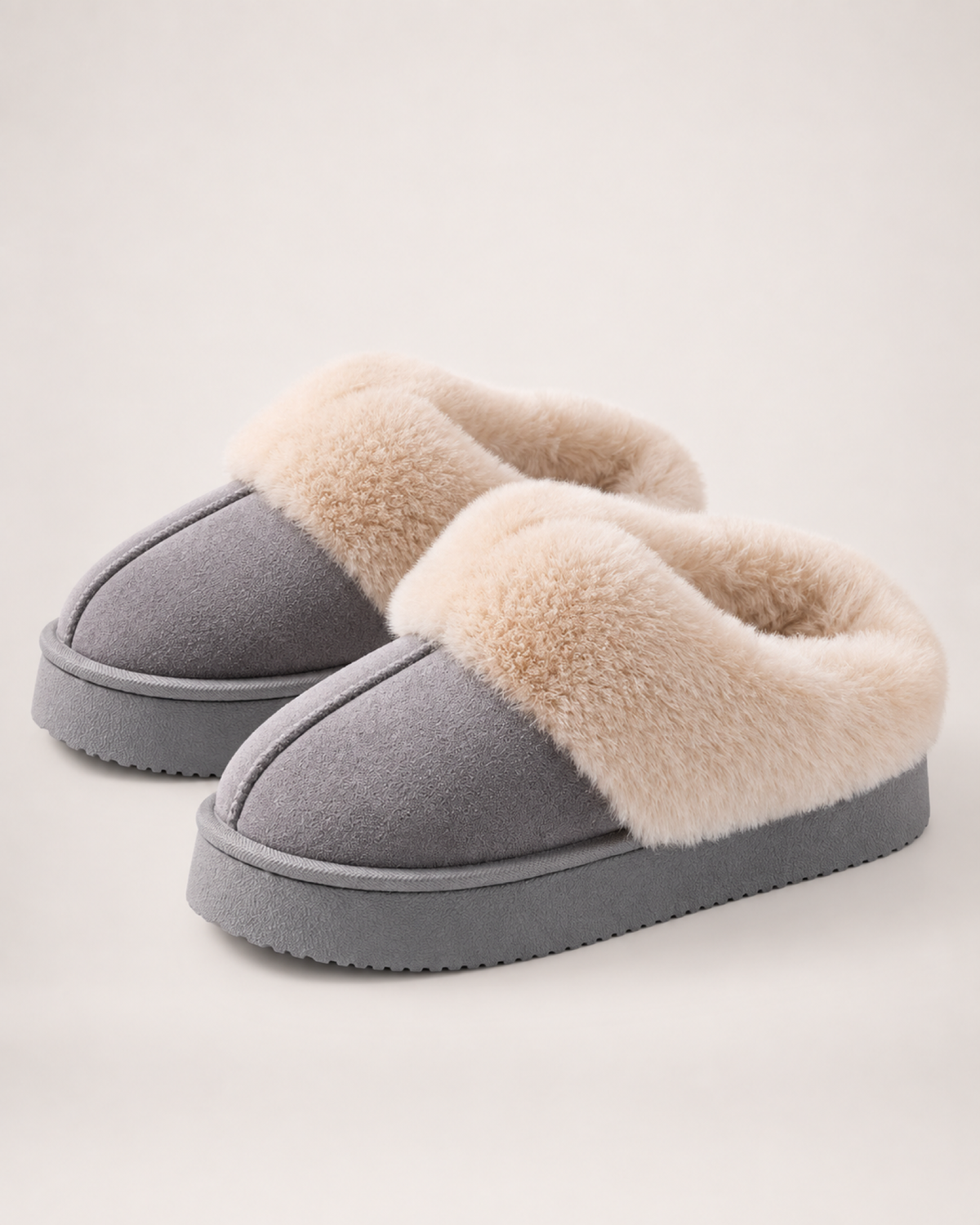 Warm Suede-Effect Slippers in Light Grey