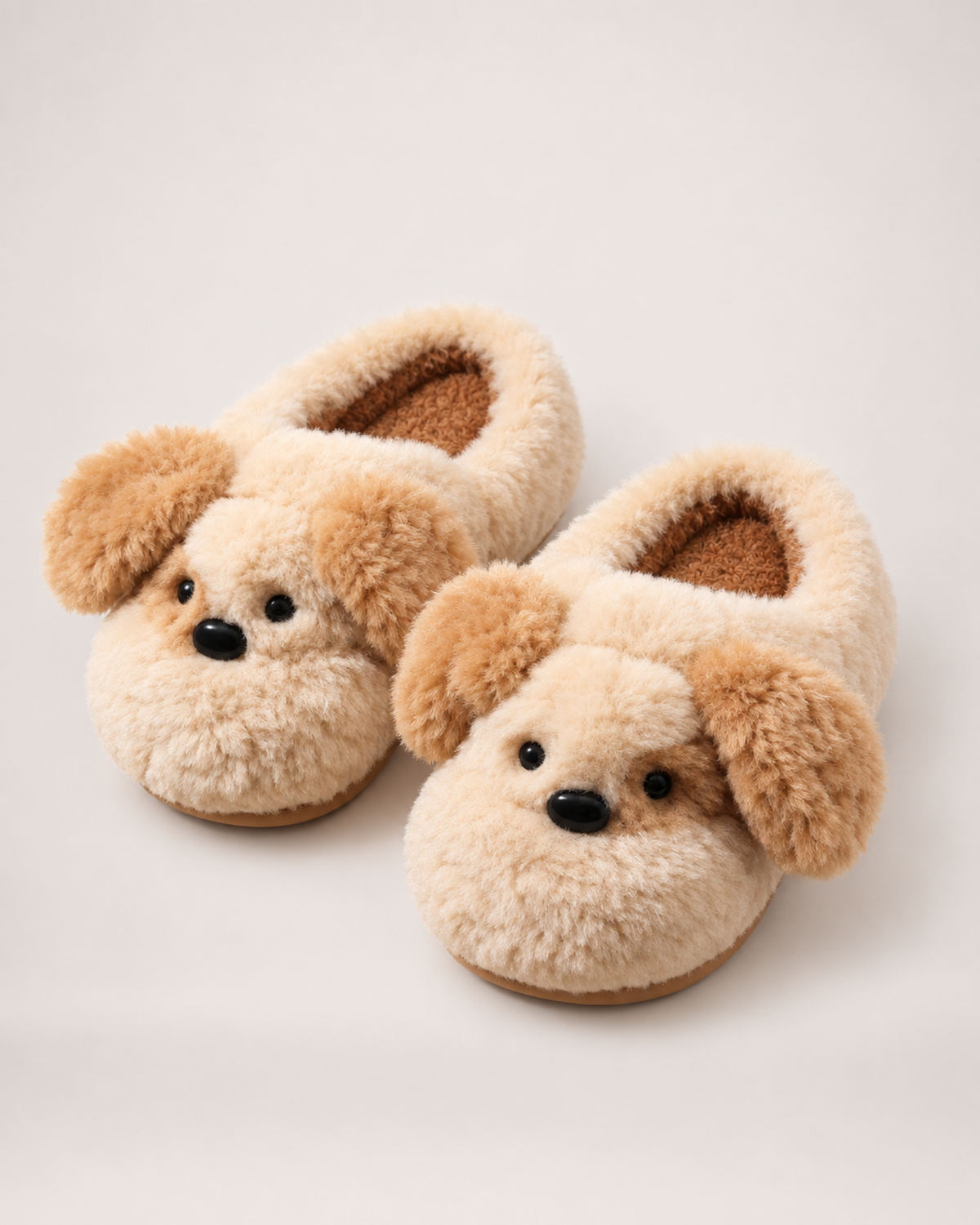 Plush Dog Face Slippers in Khaki