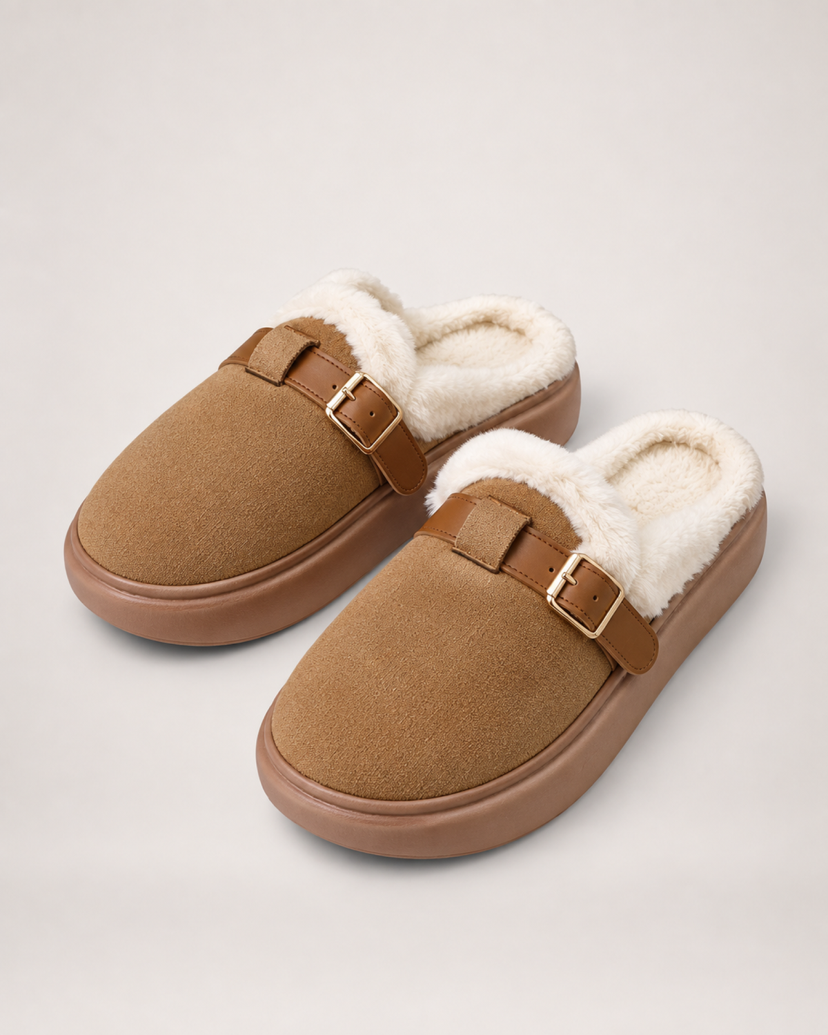 Faux Fur Buckle Mule Slippers in Brown