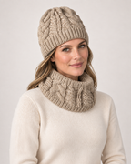 Women's Cable Knit Hat & Scarf Set in Beige, styled waist-up view
