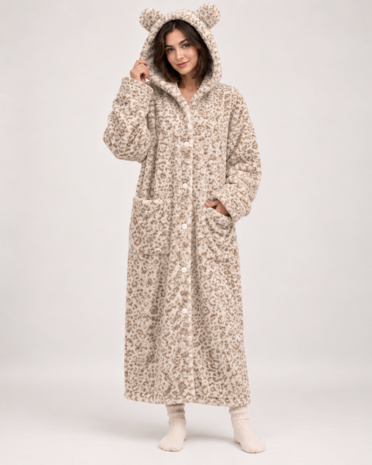 Ladies' Hooded Dressing Gown – Leopard Print in 240g Lightweight, variant view