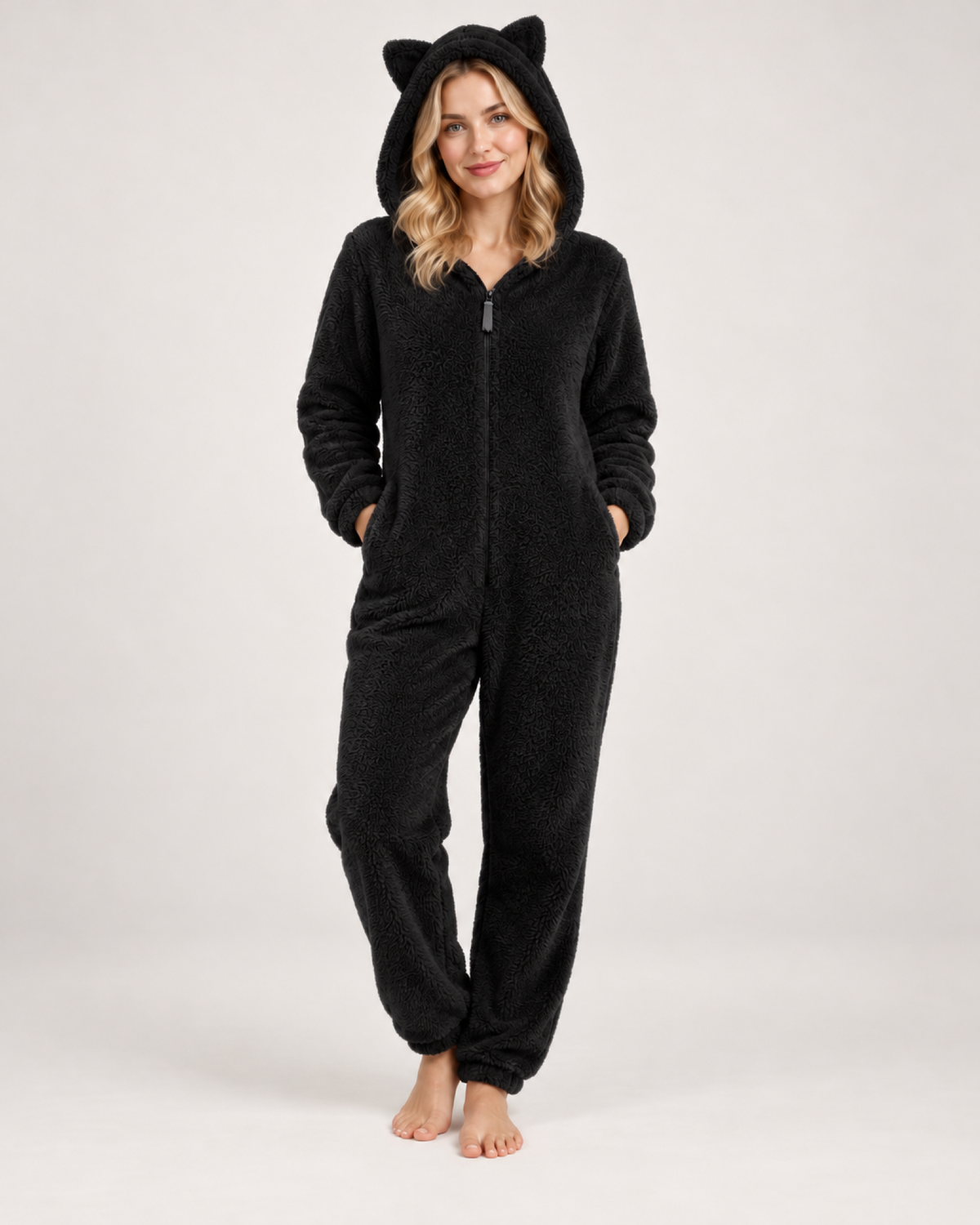 Women's black cat-ear fleece onesie, front studio view