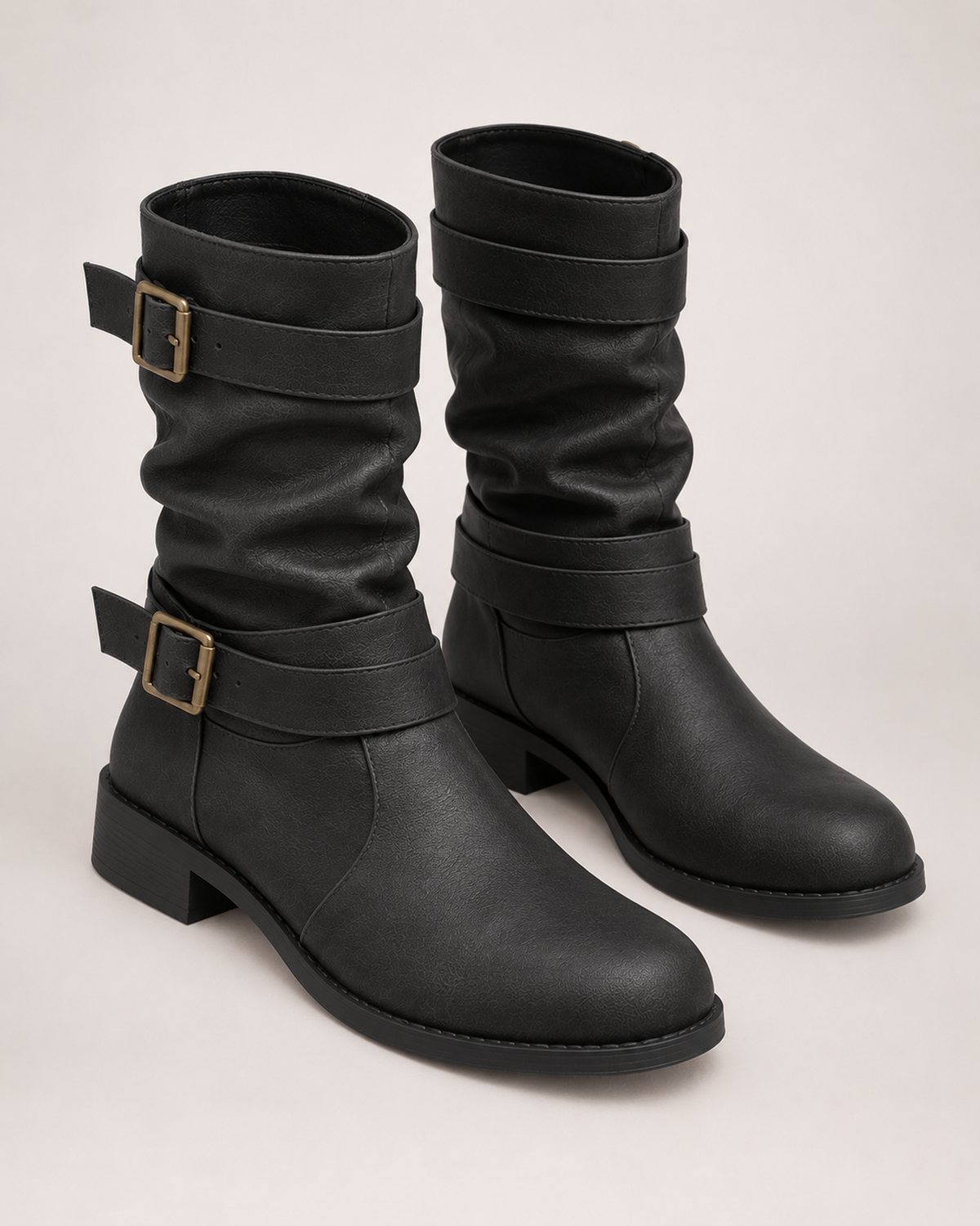 Women's Biker Boots – Double Buckle Detail in Black, variant view