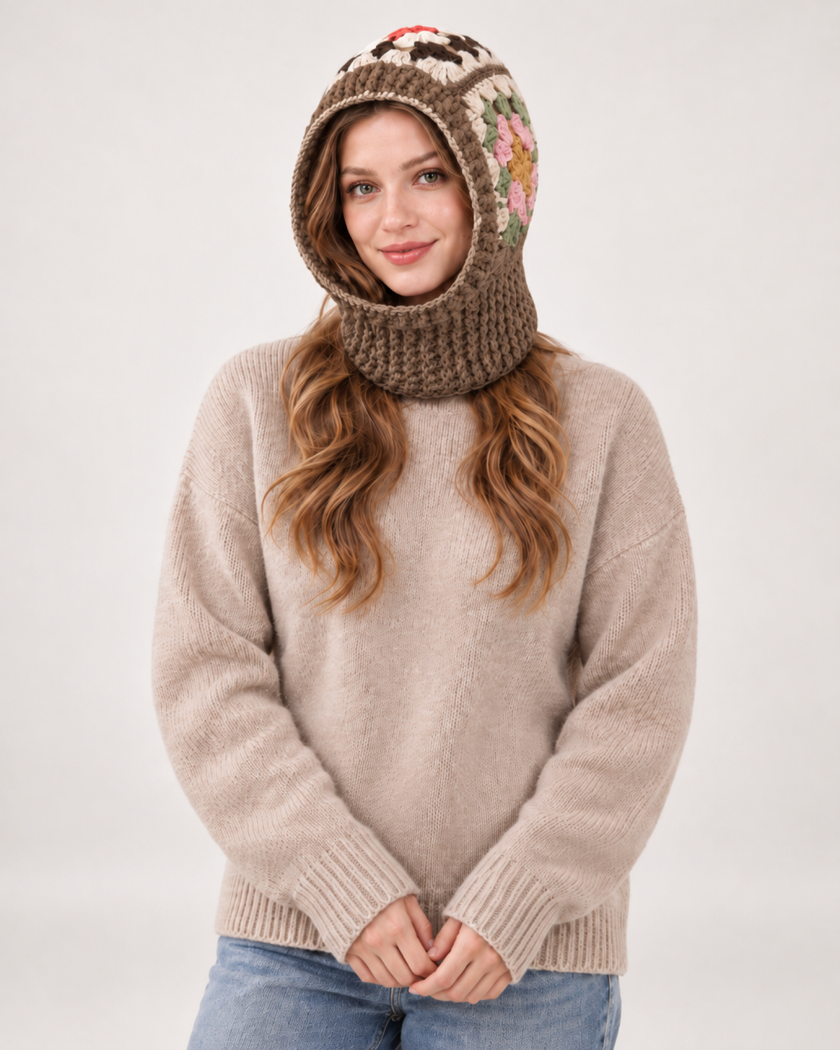 Women's brown floral crochet hooded scarf, front studio view