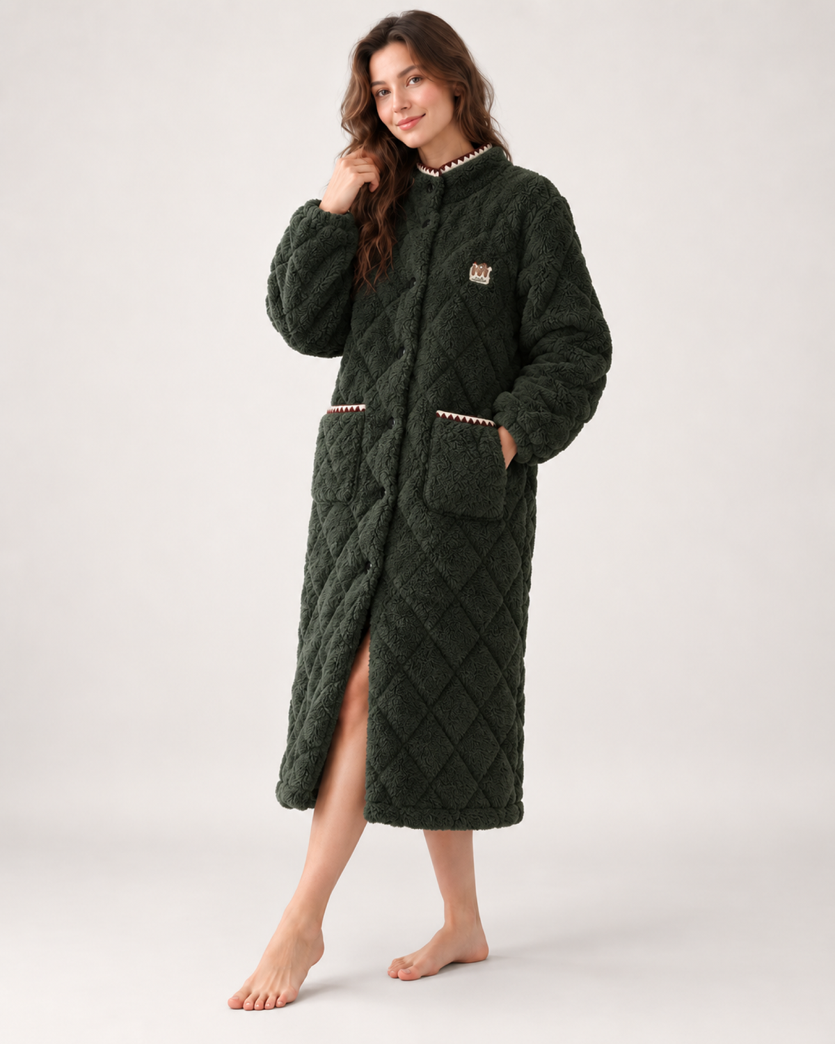 Women's Quilted Fleece Dressing Gown – Hooded Long Style, standalone google shopping variant image for forest green