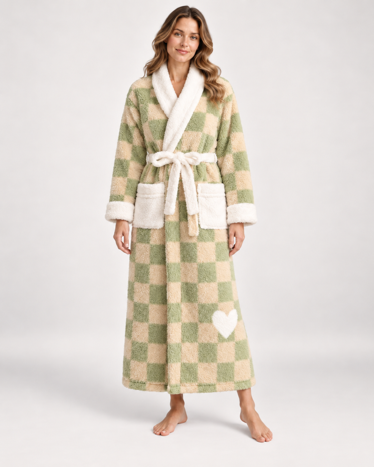 Women's Patterned Long Dressing Gown in Green Heart Check, variant view