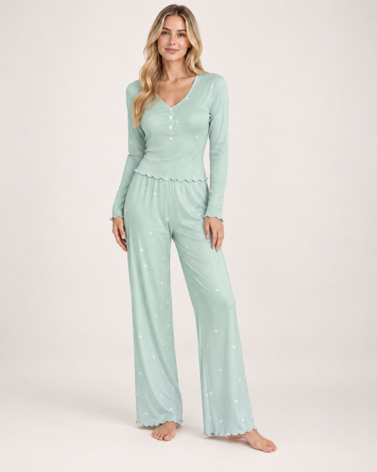 Women's mint green V-neck button-front pyjama set, front studio view