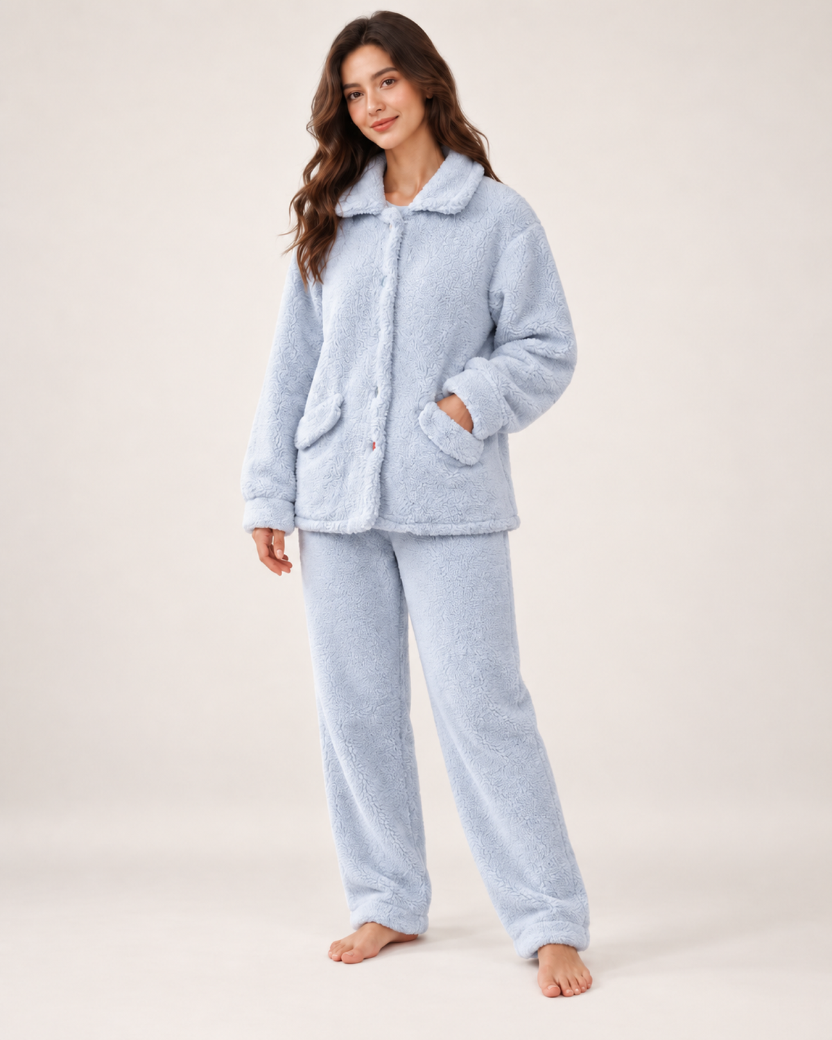 Women's Fleece Pyjama Set – Button-Front Loungewear, standalone google shopping variant image for pale blue