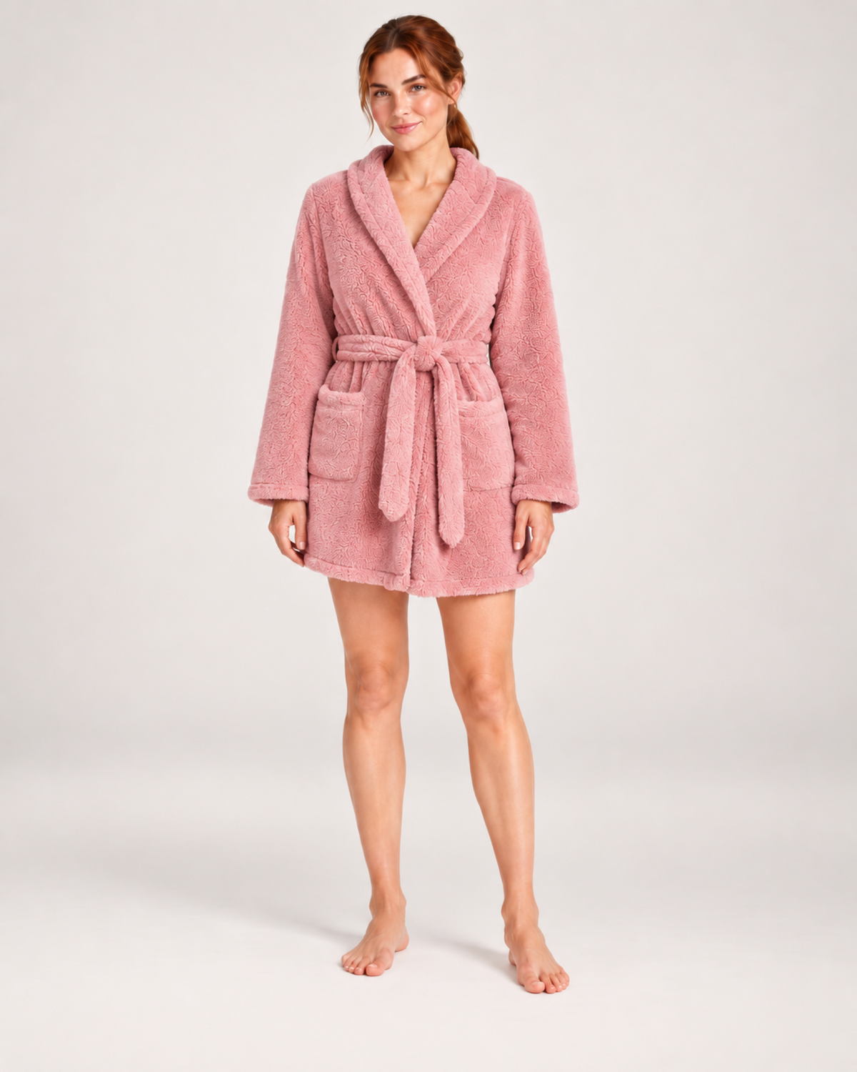 Women's Short Plush Dressing Gown in Pink, variant view