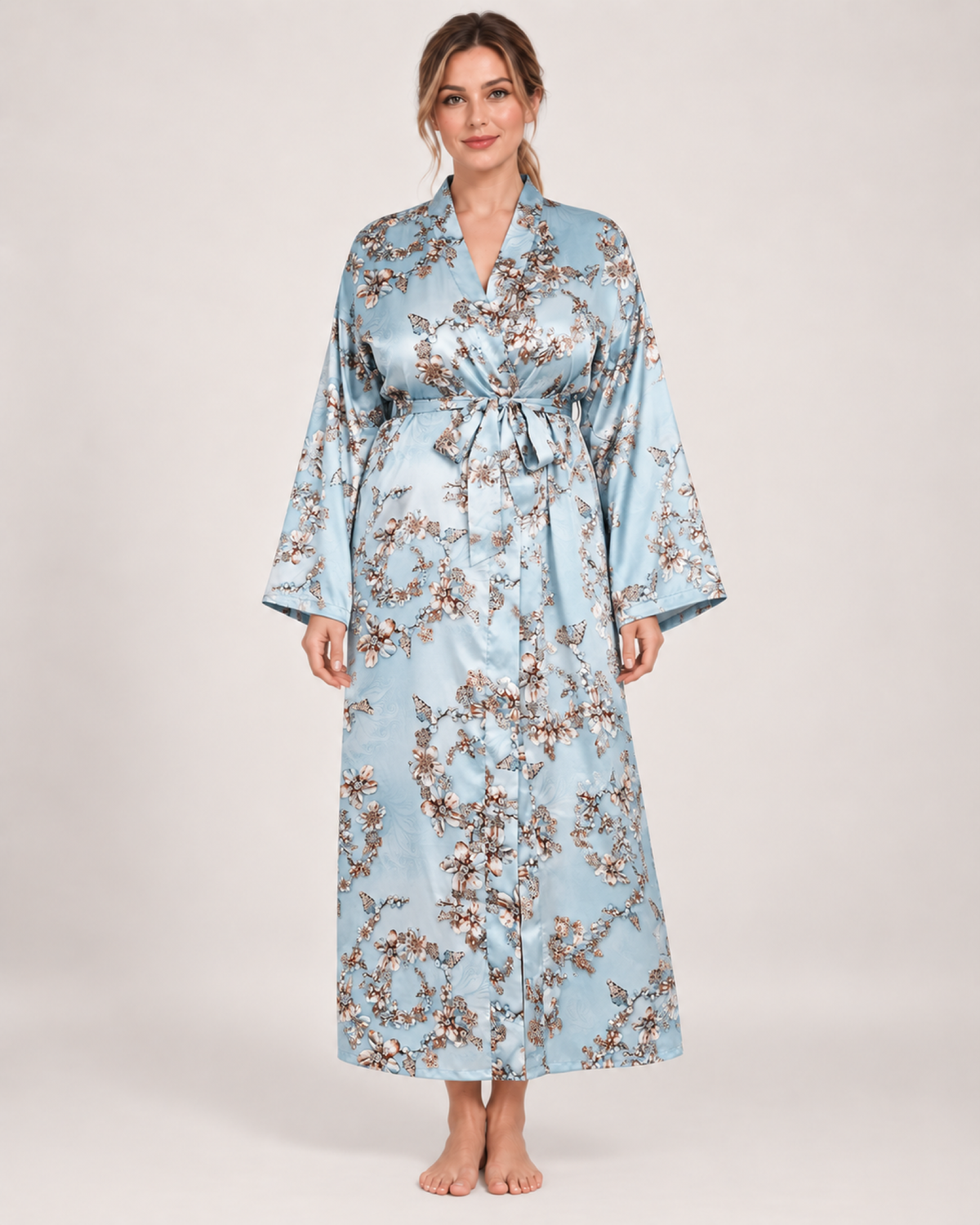 Ladies' Floral Dressing Gown – Long Wrap Style in Powder Blue Floral, variant view