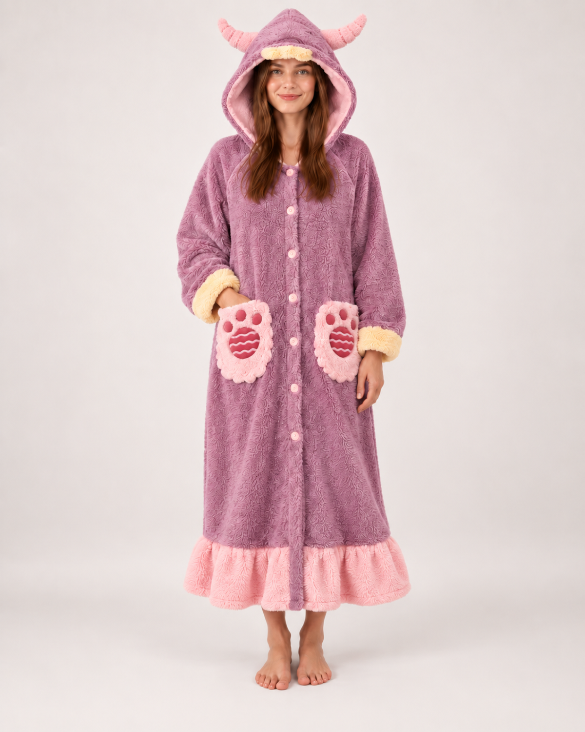 Women's Animal Hooded Lounge Robe in Purple & Pink, variant view