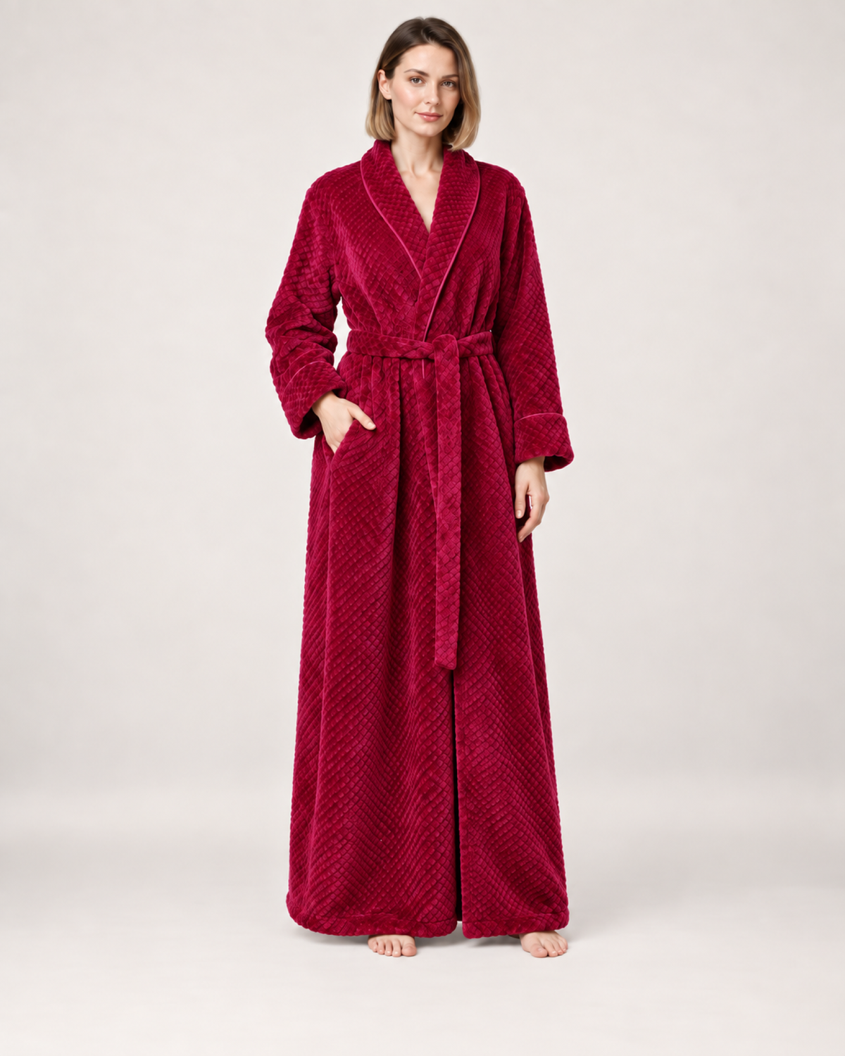 Women's Textured Long Dressing Gown in Red, variant view