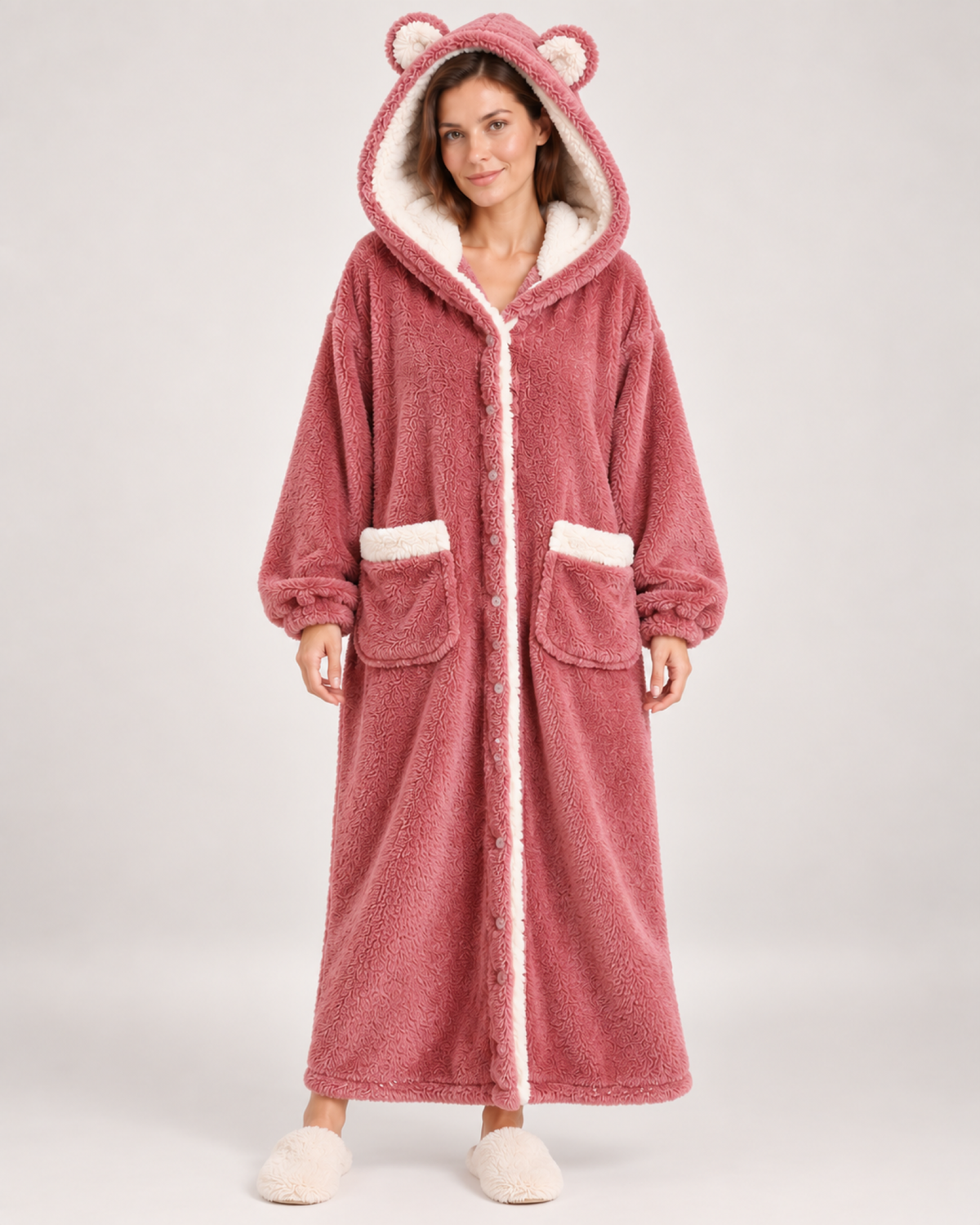 Ladies' Hooded Dressing Gown – Rounded Ear Detail in Red, variant view
