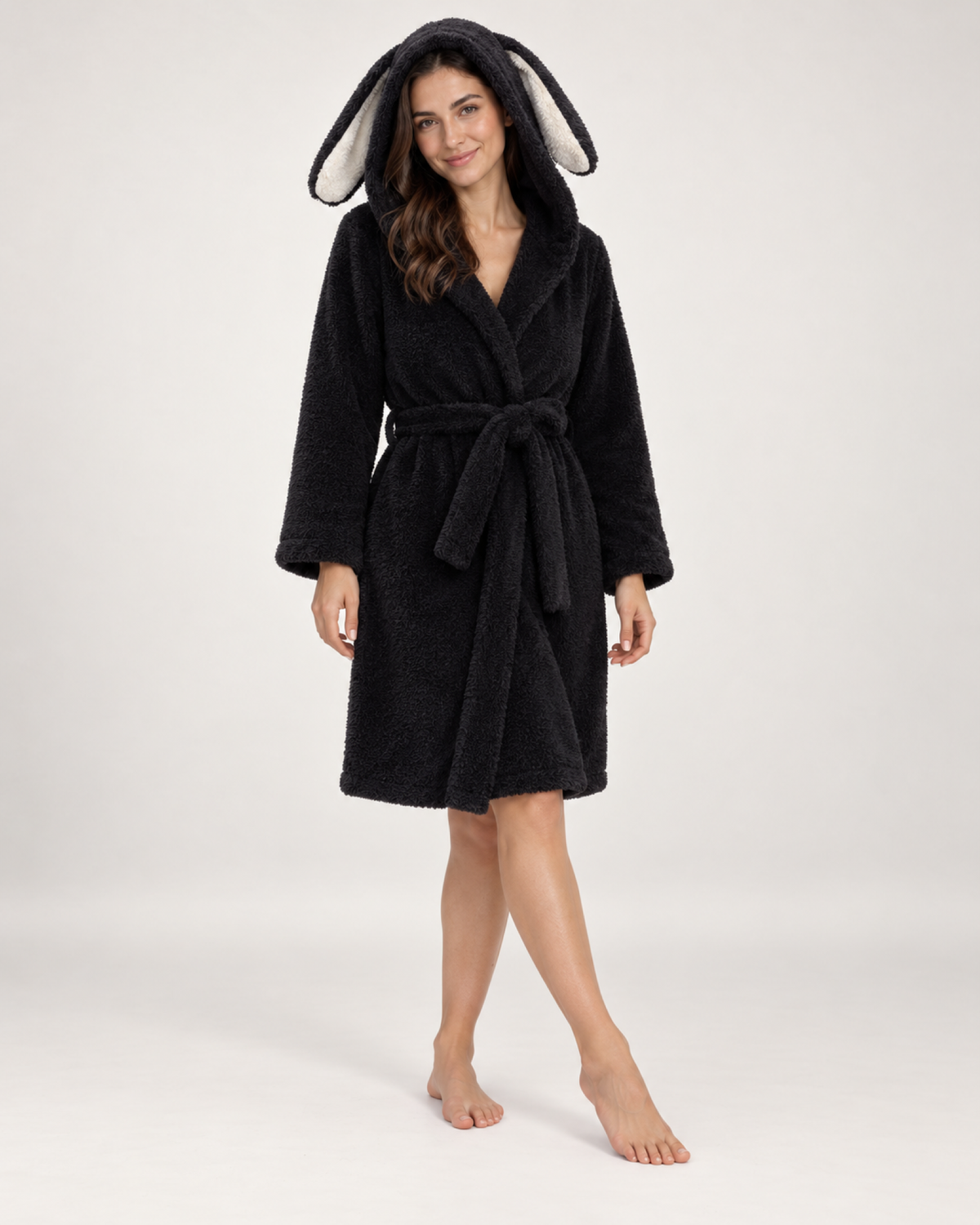 Women's Bunny Ear Fleece Dressing Gown in Black