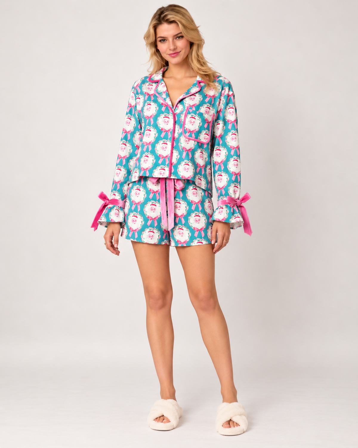 Women's Christmas Short Pyjama Set in Blue Santa, Blue Santa studio variant
