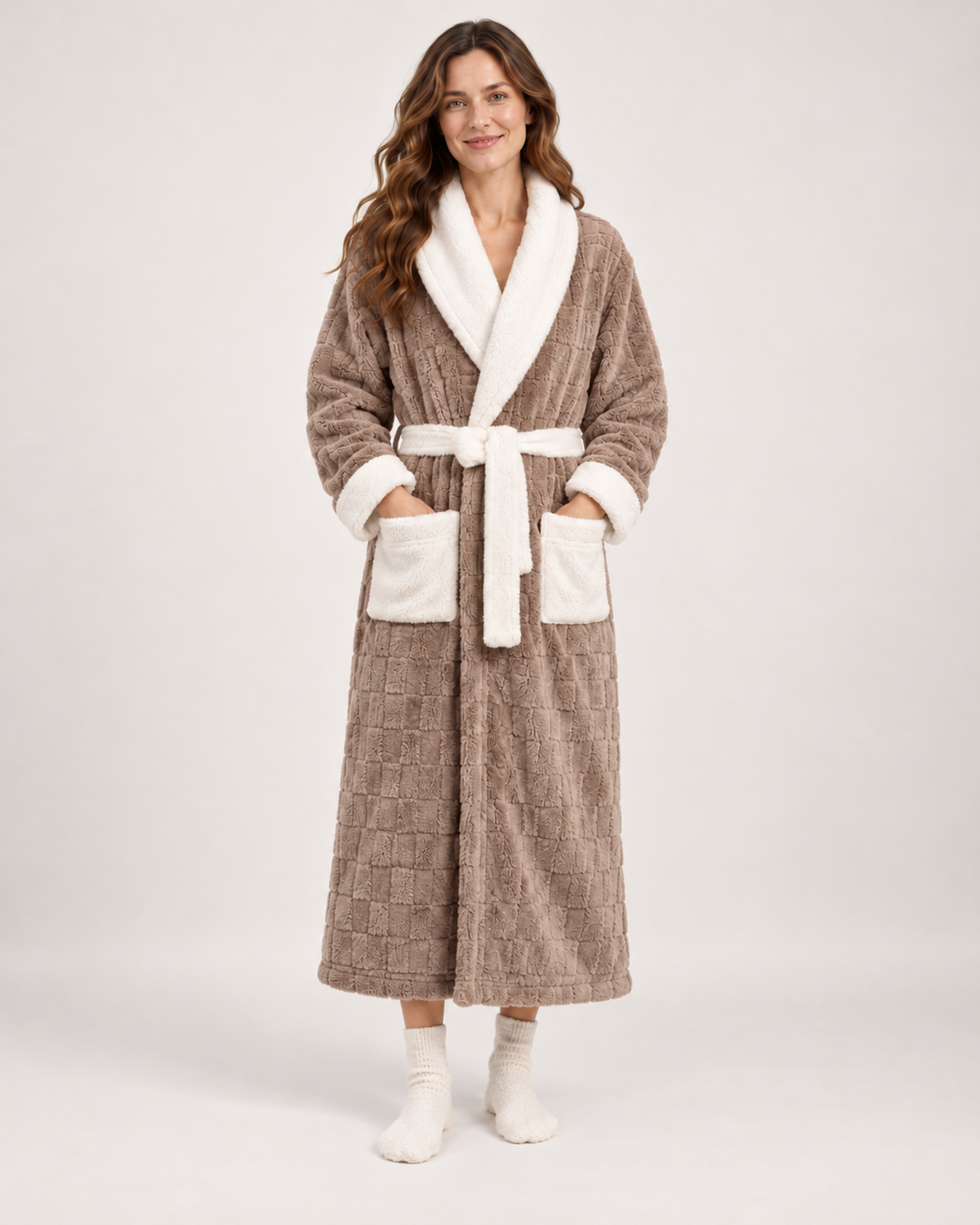 Women's Dressing Gown - Textured Contrast-Trim Style, blocking google shopping variant image for cameo brown